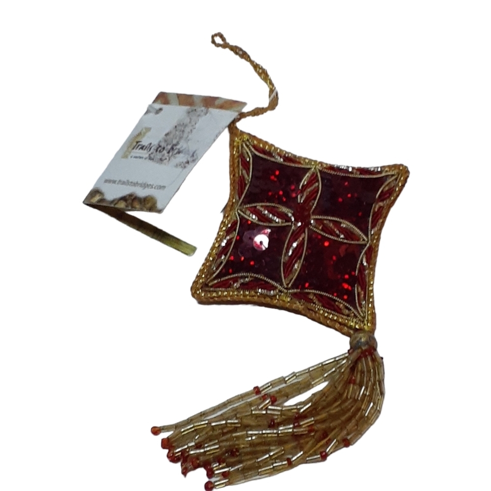 Trails to Bridges Christmas Ornament Red Beaded Sequins Gold Corded - Picture 4 of 5